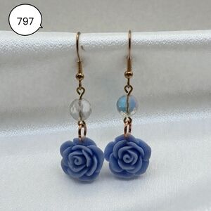 Blue Rose Flower Dangle Earrings with Clear Crystal Beads